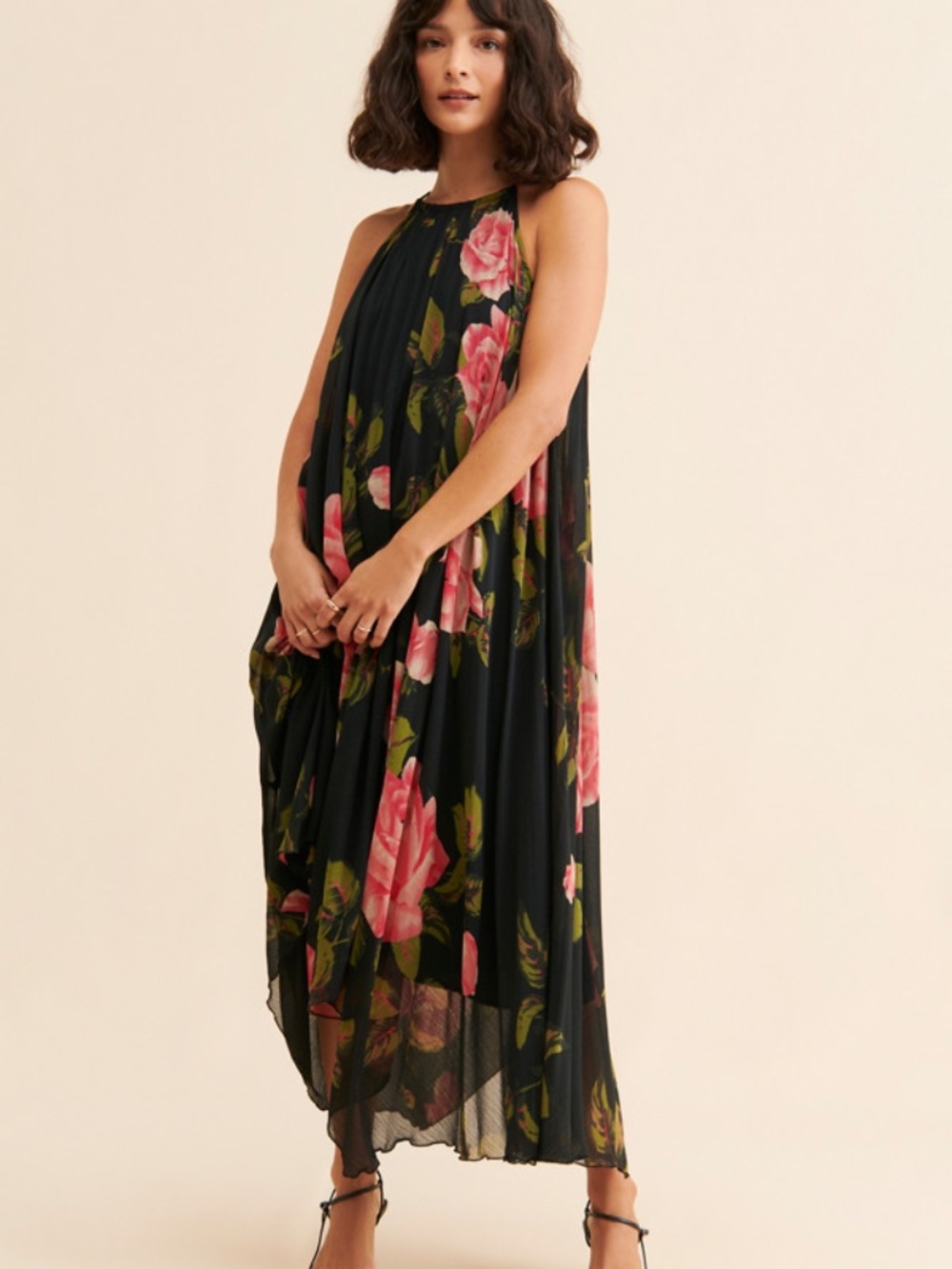 Anthropologie Emeline Pleated Floral Midi Dress Black Pink Roses Size S